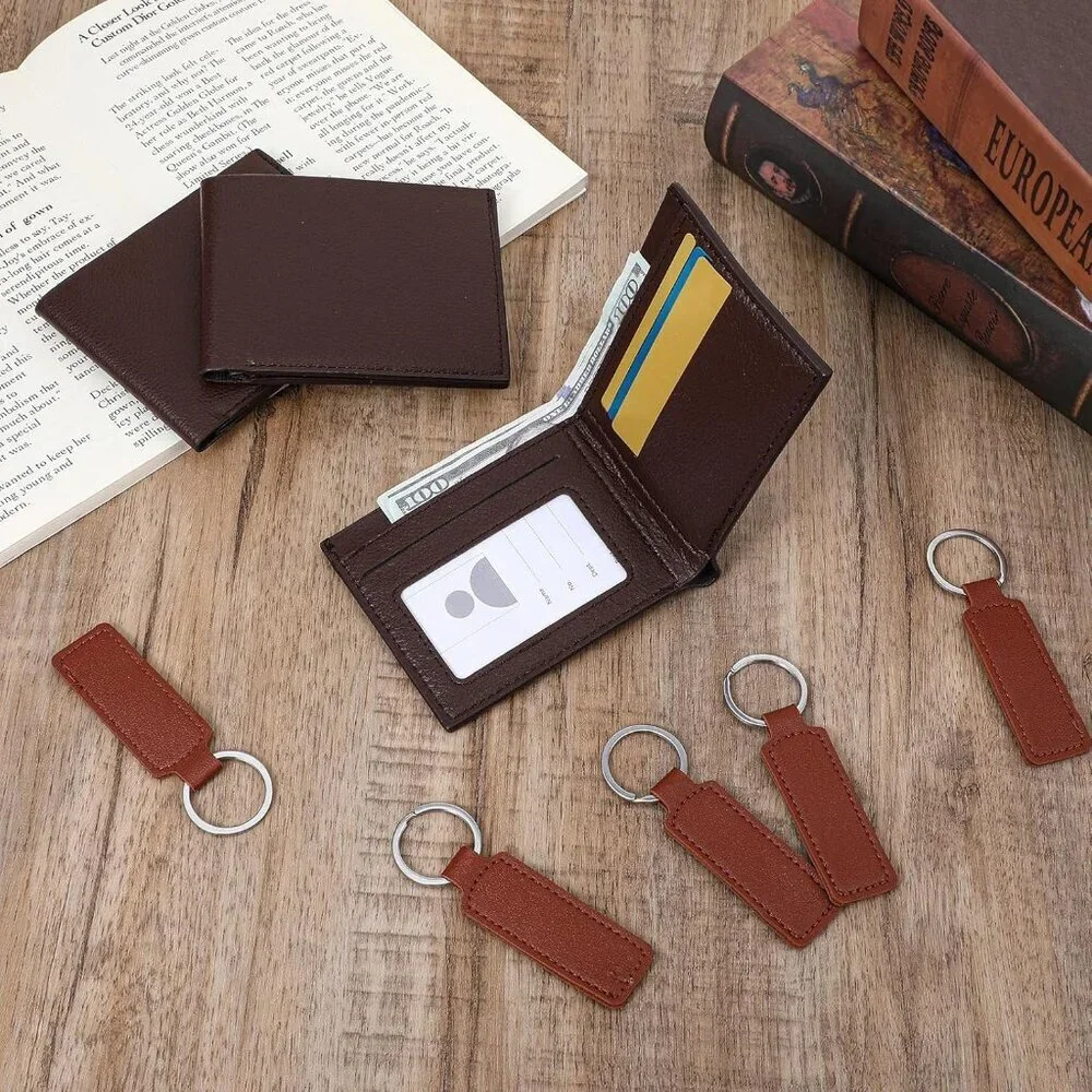 Men's Brown PU Leather Bifold 12 Pcs Wallets Matching 12 Pcs Keychains Design